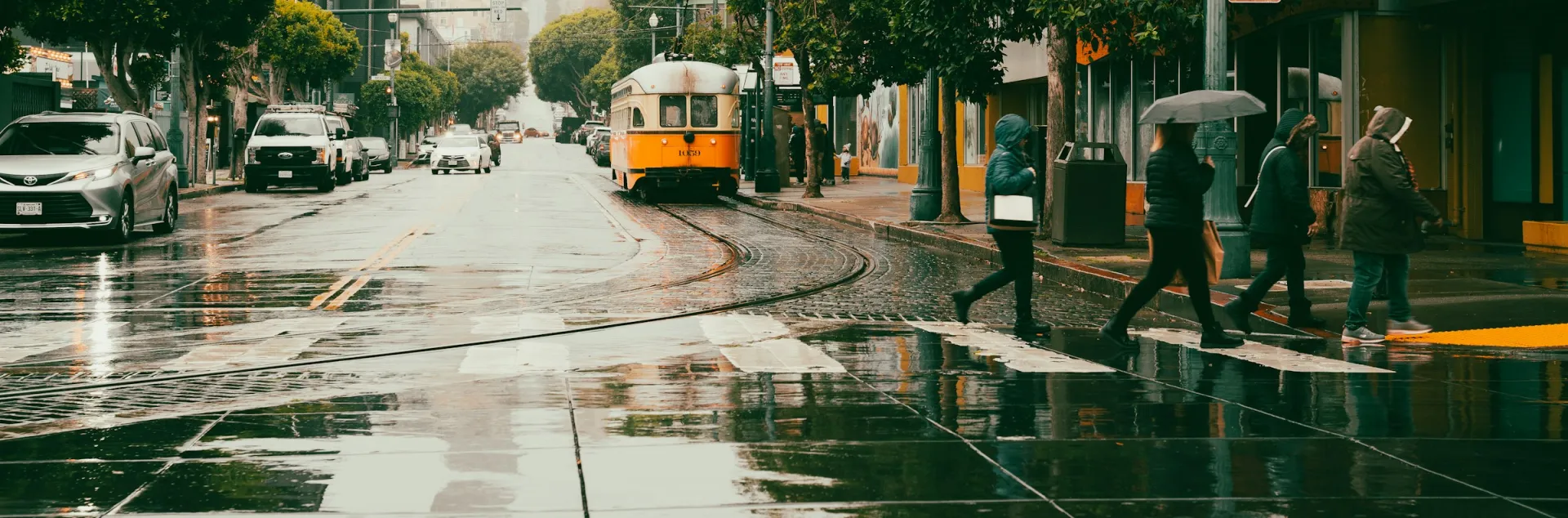Rain falls on slickened streets of a city as pedestrians in a crosswalk hold umbrellas