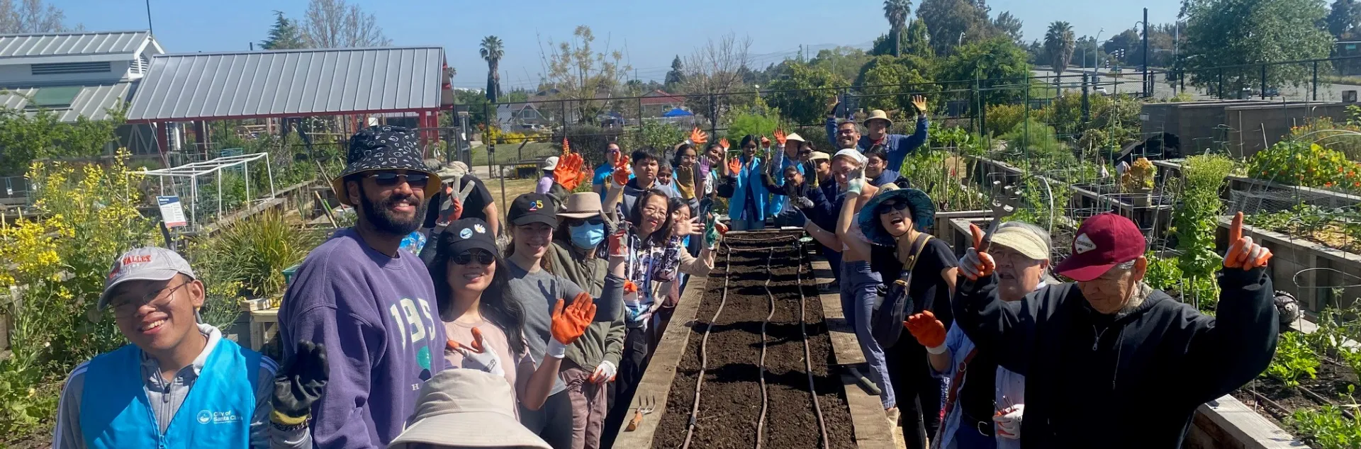 Volunteers lining the sides of a raised garden bed in advance of planting a fall garden