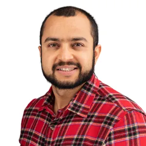 man with red plaid shirt