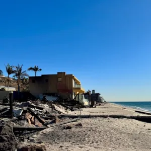 A home on the beach that was burned in the 2025 Palisades Fire. 