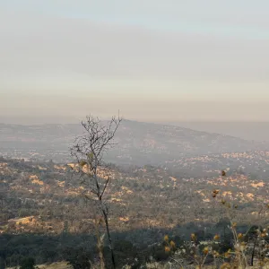 Overlooking Central Valley covered in a layer of smoke from a nearby wildfire.