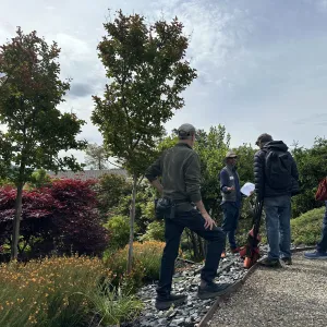 UCCE Horticulture Advisor, Bruno Pitton, is standing in a garden talking to people about fire-smart landscaping.