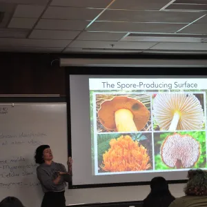 Tree School instructor Maria Morrow presents a powerpoint on mushroom foraging.