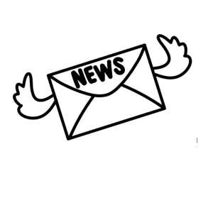Newsletter graphic of an envelop with the word news and with wings