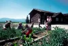 Multi generational family in the garden with a brown house in the background.