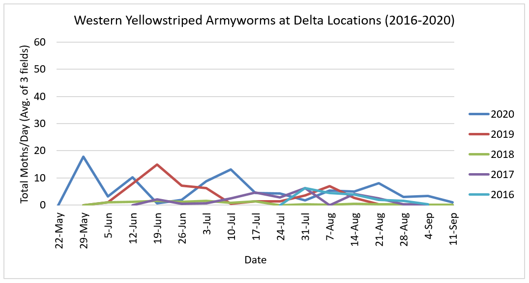 Fig. 2. 2016-20 Delta Western Yellowstriped Armyworm Counts.