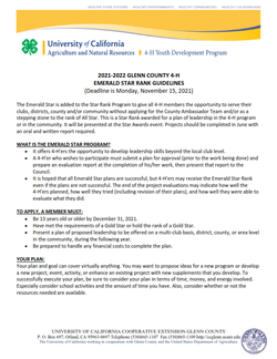 2021-2022 Glenn County 4-H Emerald Star Project Application & Guidelines