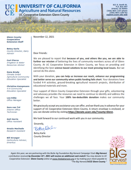 UC Cooperative Extension Glenn County Donor Letter 2021-2022