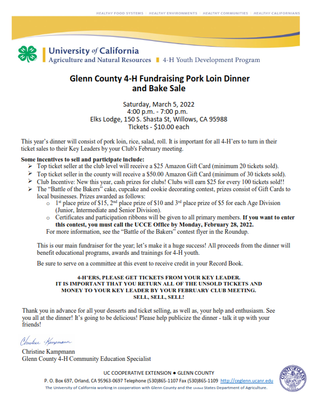 Glenn County 4-H Fundraiser Dinner Letter-Club Assignment 2022
