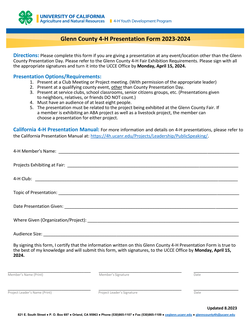Glenn County 4-H Presentation Form 2022-2023