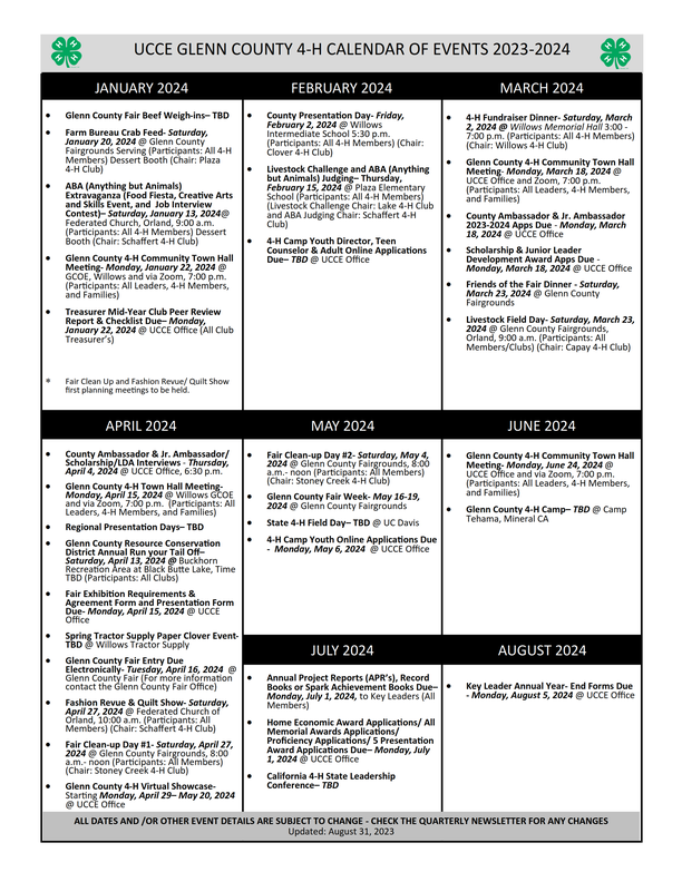 Glenn County 4-H 2023-2024 Calendar of Events page 2