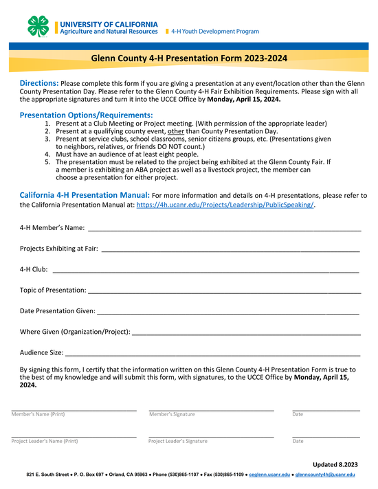 Glenn County 4-H Presentation Form 2023-2024