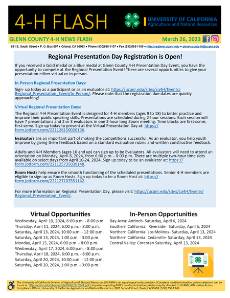 Glenn County 4-H News Flash - March 26, 2024 Regional Presentation Day Registration