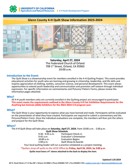 Glenn County 4-H Quilt Show Information Sheet 2023-2024