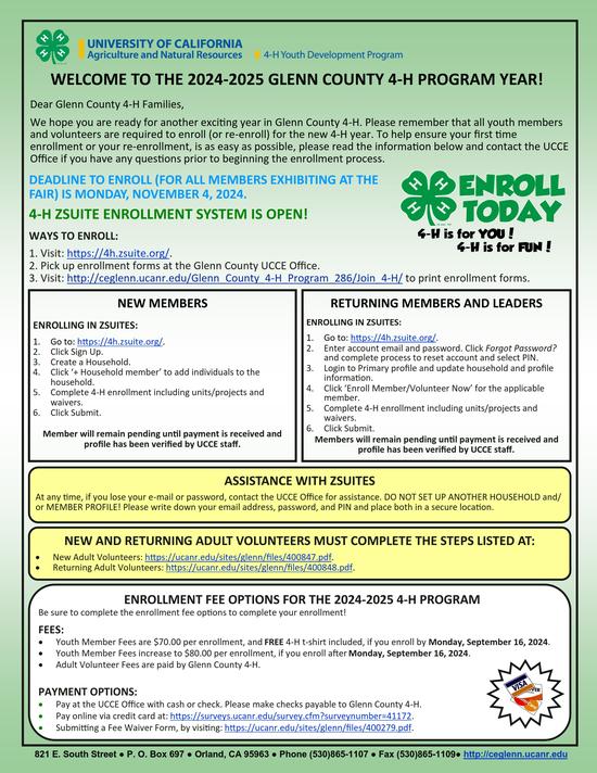 Glenn County 4-H Welcome & Enrollment Flyer 2024-2025