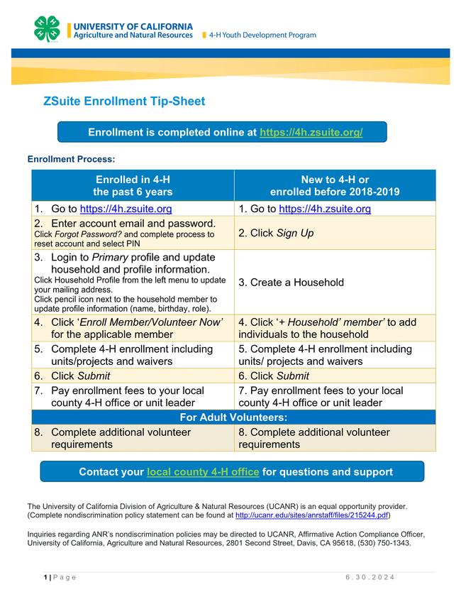 ZSuite 4-H Member-Volunteer Enrollment Tip-sheet 6.30.24