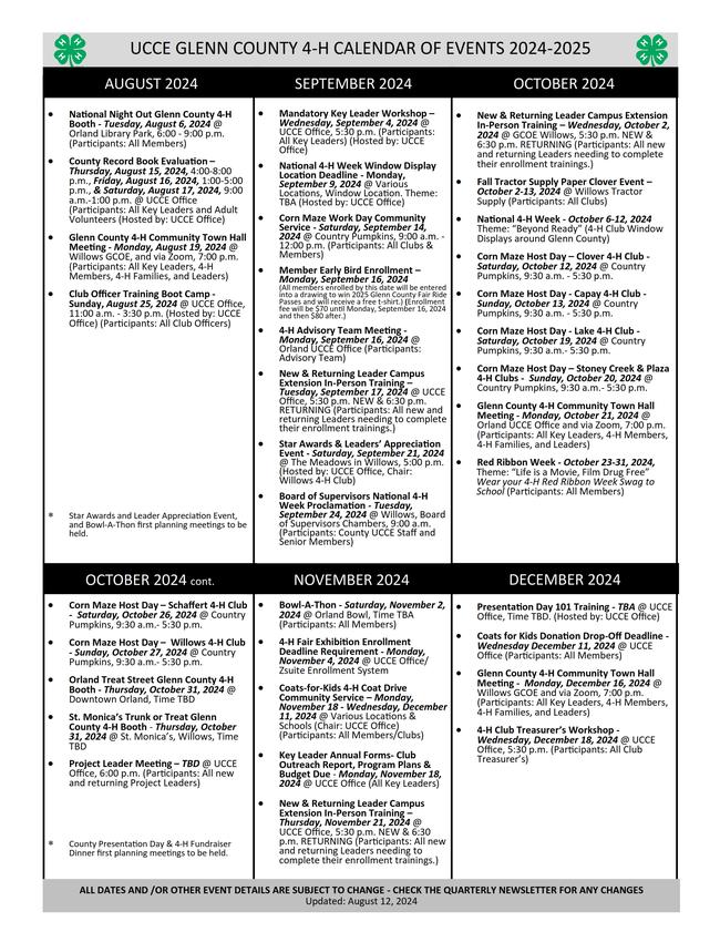 Glenn County 4-H 2024-2025 Calendar of Events FINAL 8.12.2024 - Page 1