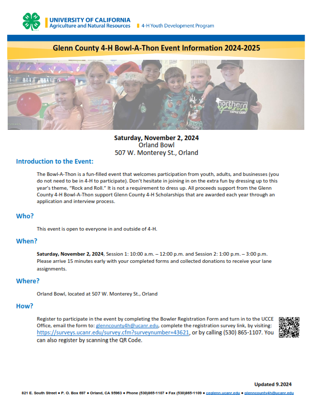 2024-2025 Glenn County 4-H Bowl-A-Thon Information Sheet