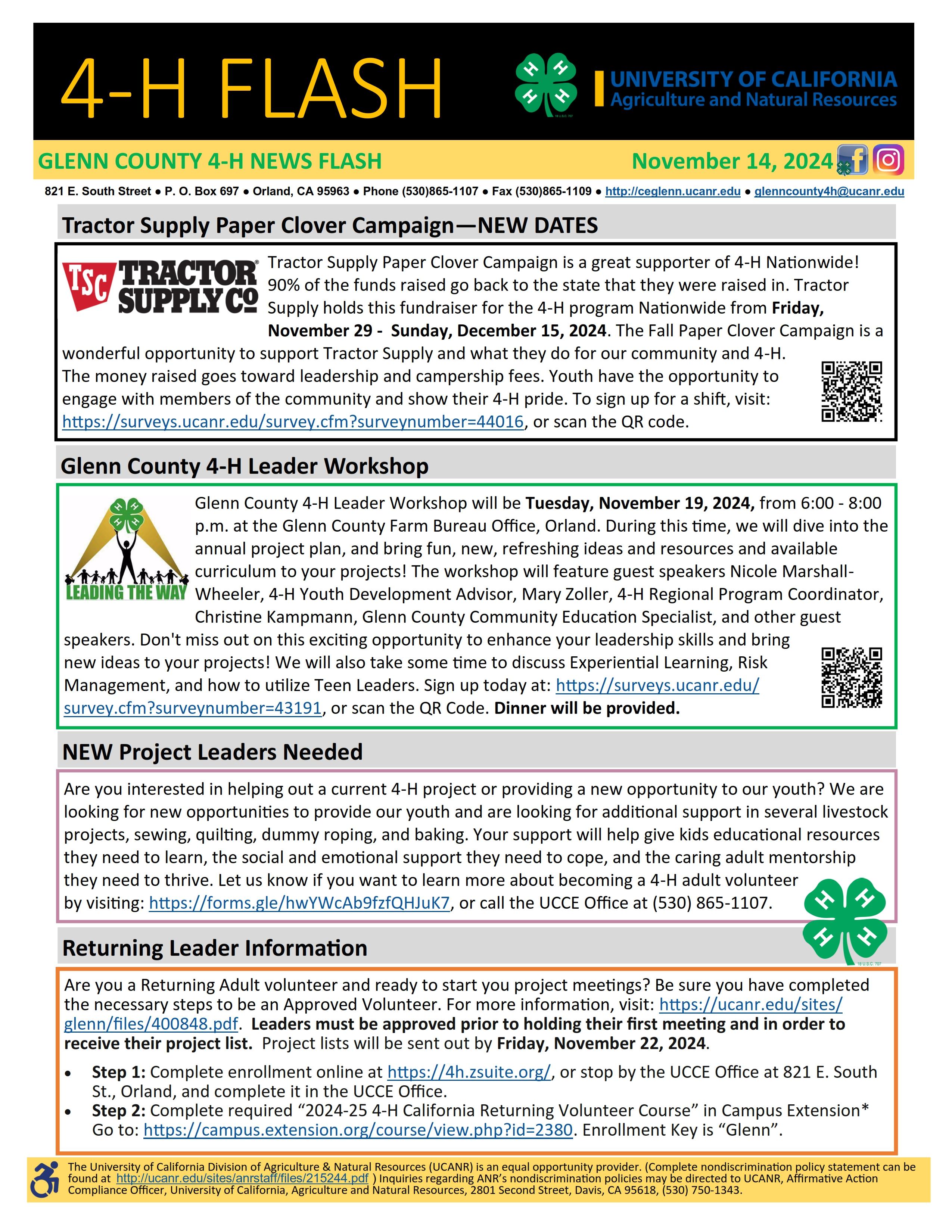 Glenn County 4-H News Flash - November 14, 2024 Tractor Supply Clover Campaign, Leader Workshop, Leader Recruitment