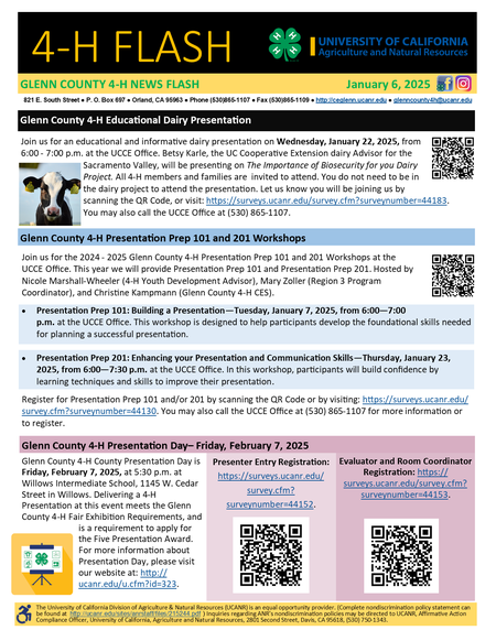 Glenn County 4-H News Flash Presentation Day, Presentation Prep 101 & 201, Dairy Presentation January 6, 2025