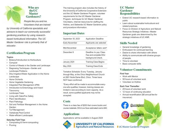 Glenn County Master Gardener New Class Tri-Fold Brochure 2024 - Page 1