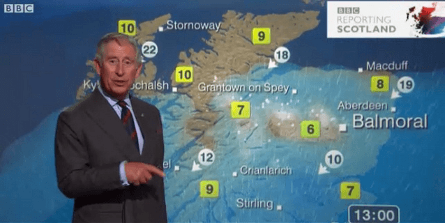 HRH Prince of Wales Presenting the weather forecast in front of a green screen