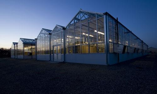Kearney's state-of-the-art greenhouse at twilight.