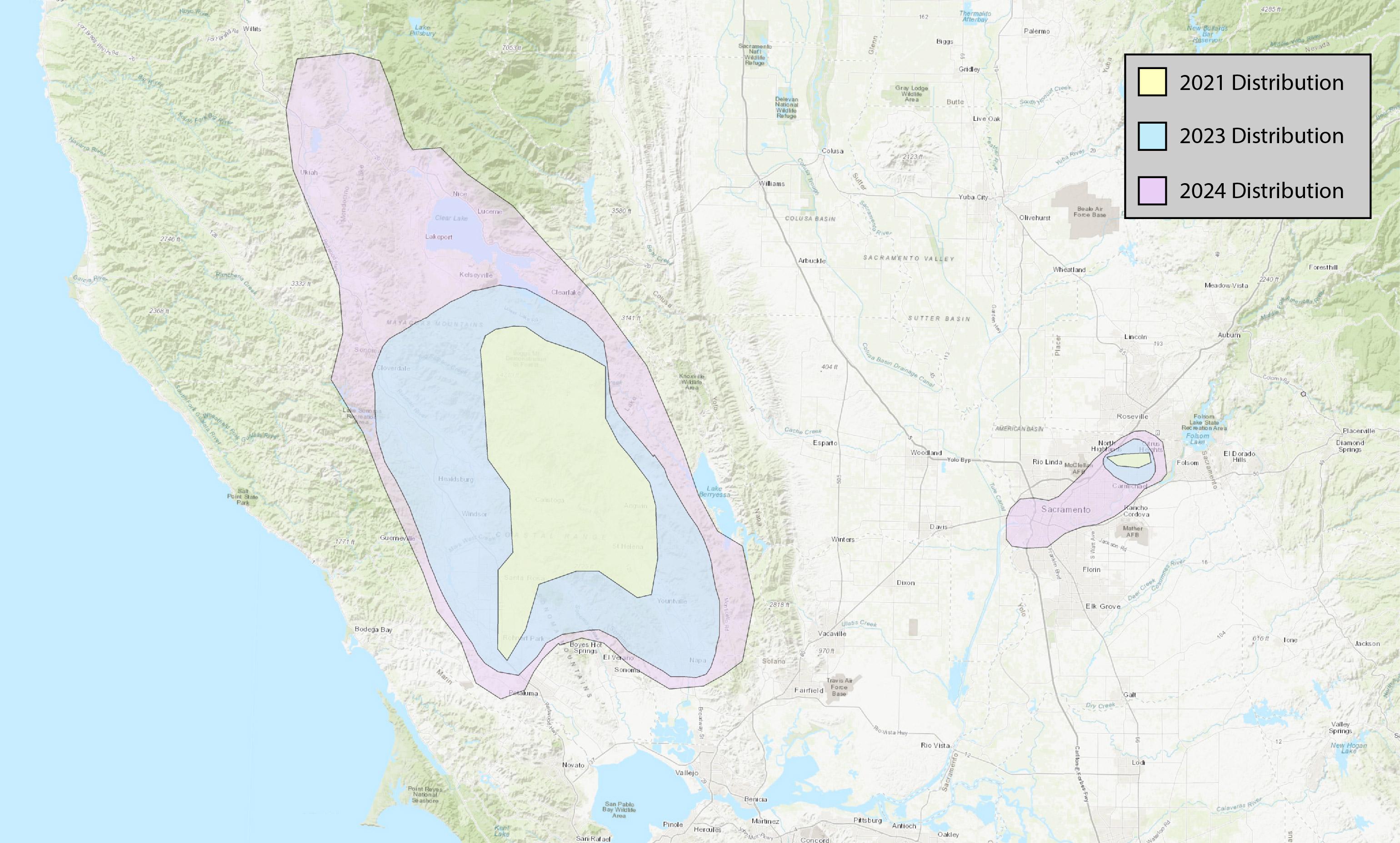 This map shows the progression in the spread of Mediterranean Oak Borer from 2020 through 2024.