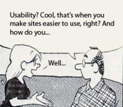 cartoon of woman replying to a man who is asking what usability is