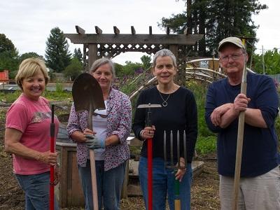 Food Gardening Specialists volunteer at Bayer Farm.  
Pictured are Cheri Olhiser, Jan Bryant, Cie Cary, John Wells