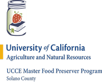 University of California Agriculture and Natural Resources, UCCE Master Food Preserver Program Solano County logo with a strawberry on a book in a jar